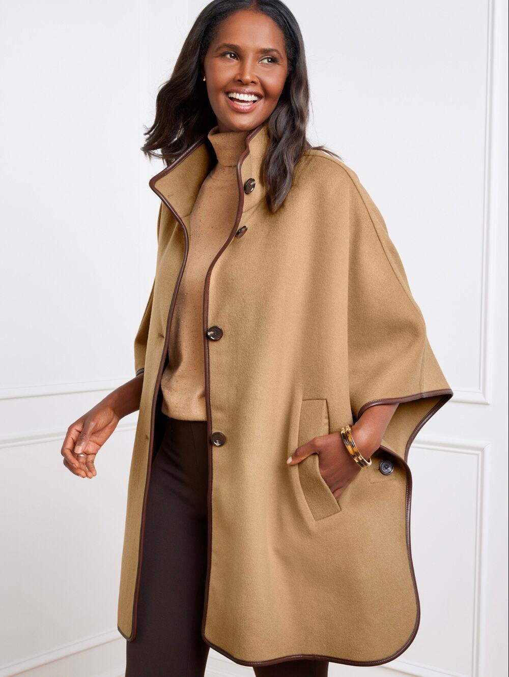 Talbots Tailored Wool Cape L/XL Plus Size Brown Faux Leather Trim Shrug Sweater